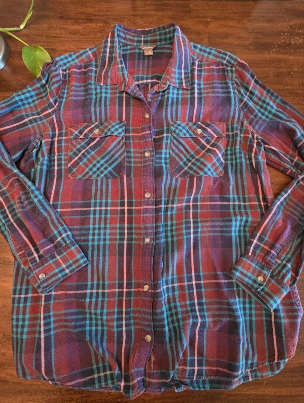 Eddie Bauer Plaid Flannel Button Down Shirt Women's Size TXL Tall XL Cozy